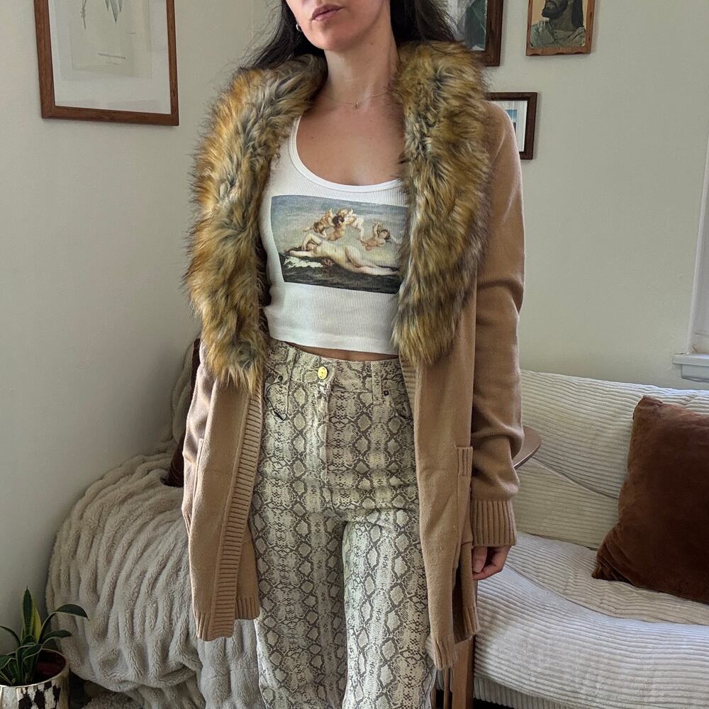 Show Me Your Mumu Faux Fur Collar Open Sweater Cardigan Size S